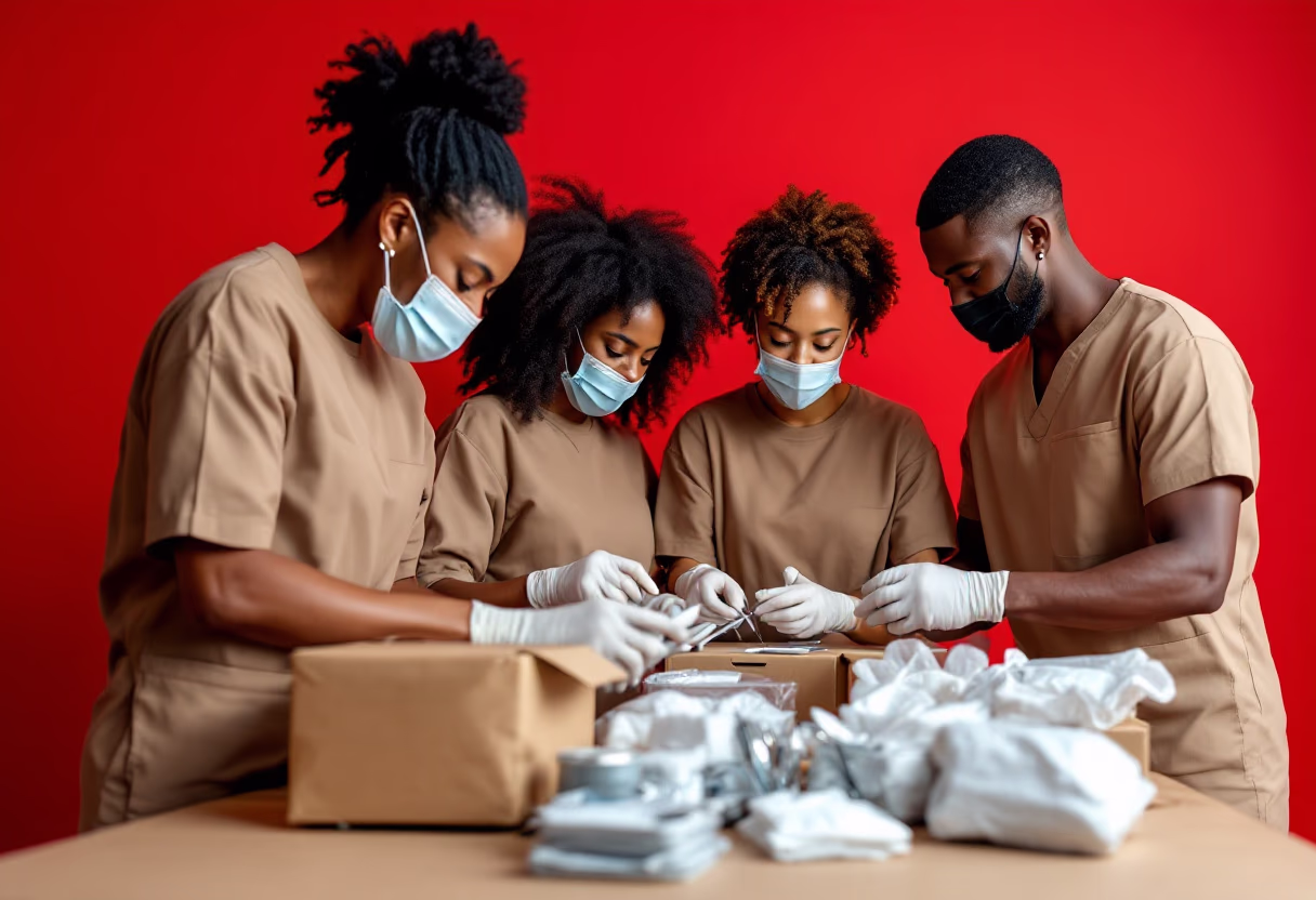image of volunteers setting up medical supplies at a humanitarian event